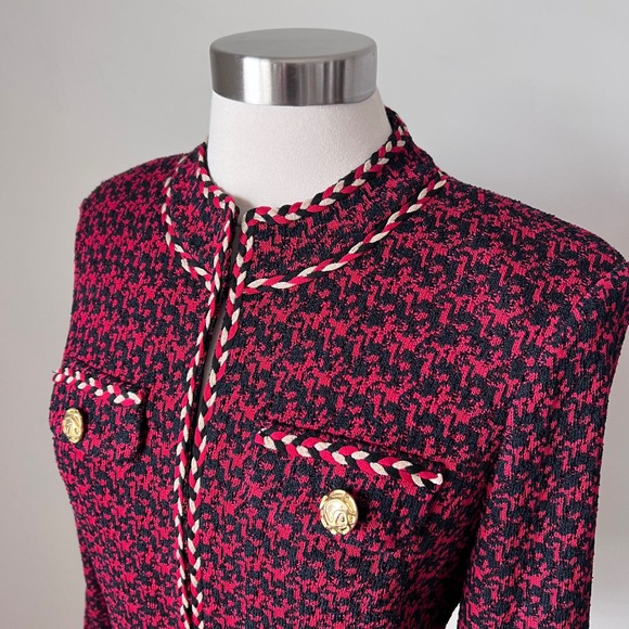 Ming Wang Houndstooth Tweed Knit Jacket Braided Trim Gold Buttons NWT FLAW - Picture 3 of 16